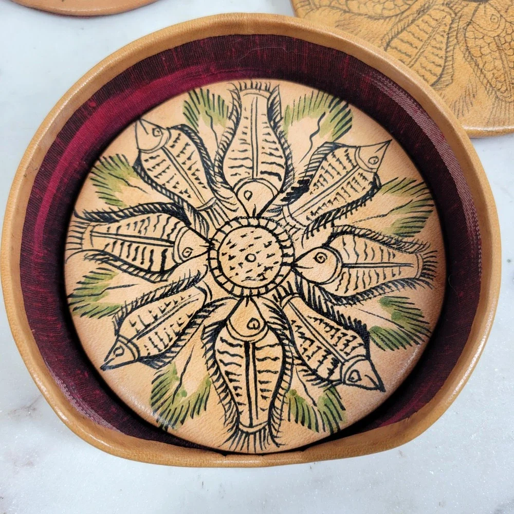 VTG Hand Painted Leather Fish Coaster Set w Storage Box Silk Back Folk Art Boho